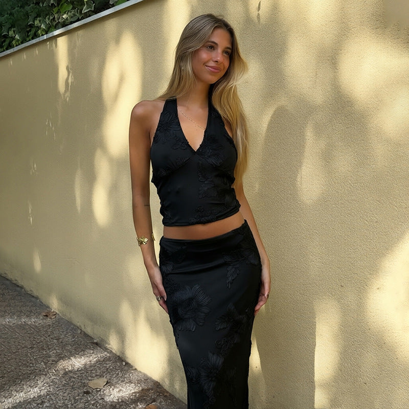 Conjunto de vestido largo sin espalda con cuello halter para mujer