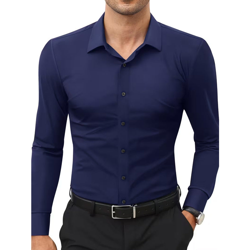 Camisa blanca elástica de manga larga con botones para hombre, tallas grandes.