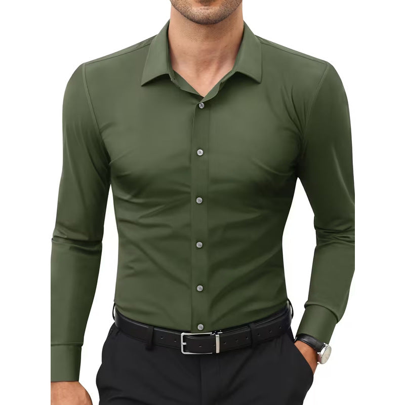 Camisa blanca elástica de manga larga con botones para hombre, tallas grandes.