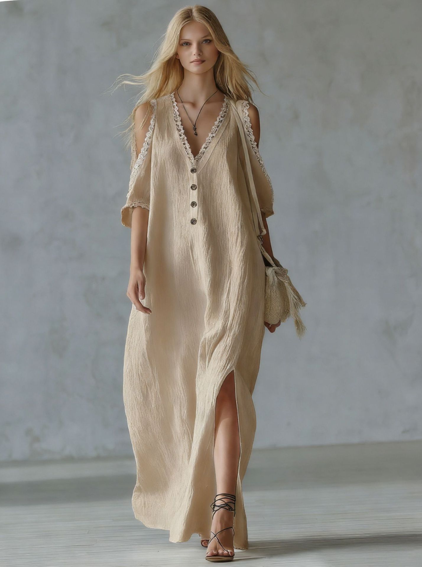 Nuevo vestido casual de mujer de corte holgado con ribete de encaje.
