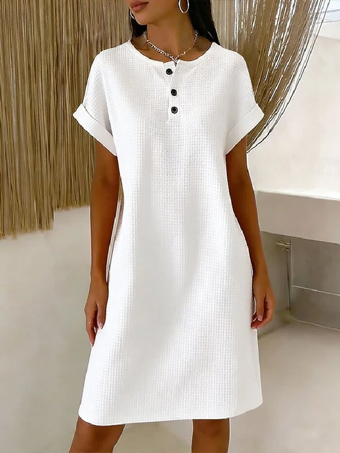 Vestido cómodo de punto gofrado con cuello redondo