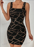 Sleeveless dress with square neckline and all-over geometric print