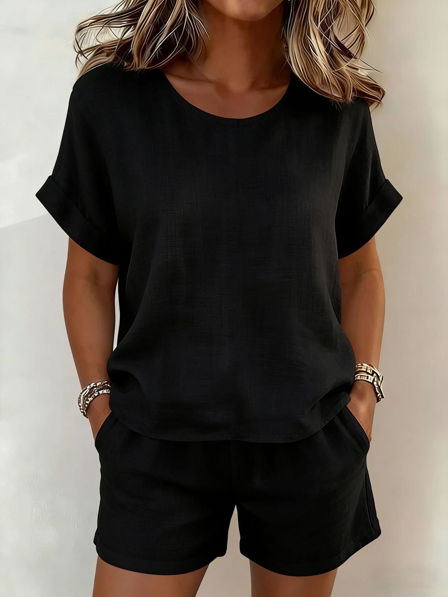 Conjunto Dos Piezas Informal Color Liso Cuello Redondo Manga Corta Mujer