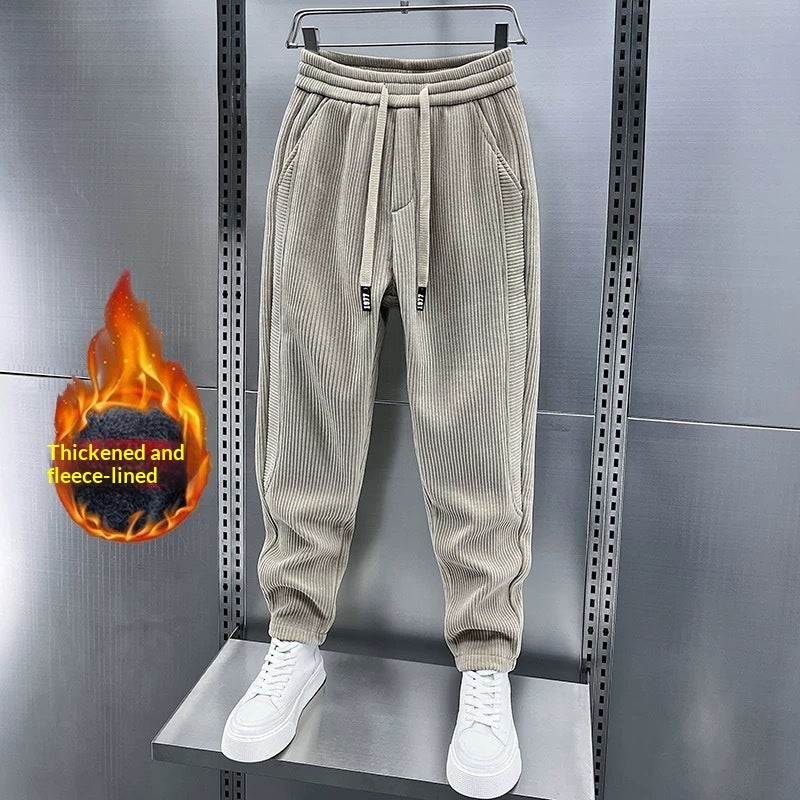 Pantalones casuales de invierno para hombre, de pana gruesa con forro polar.