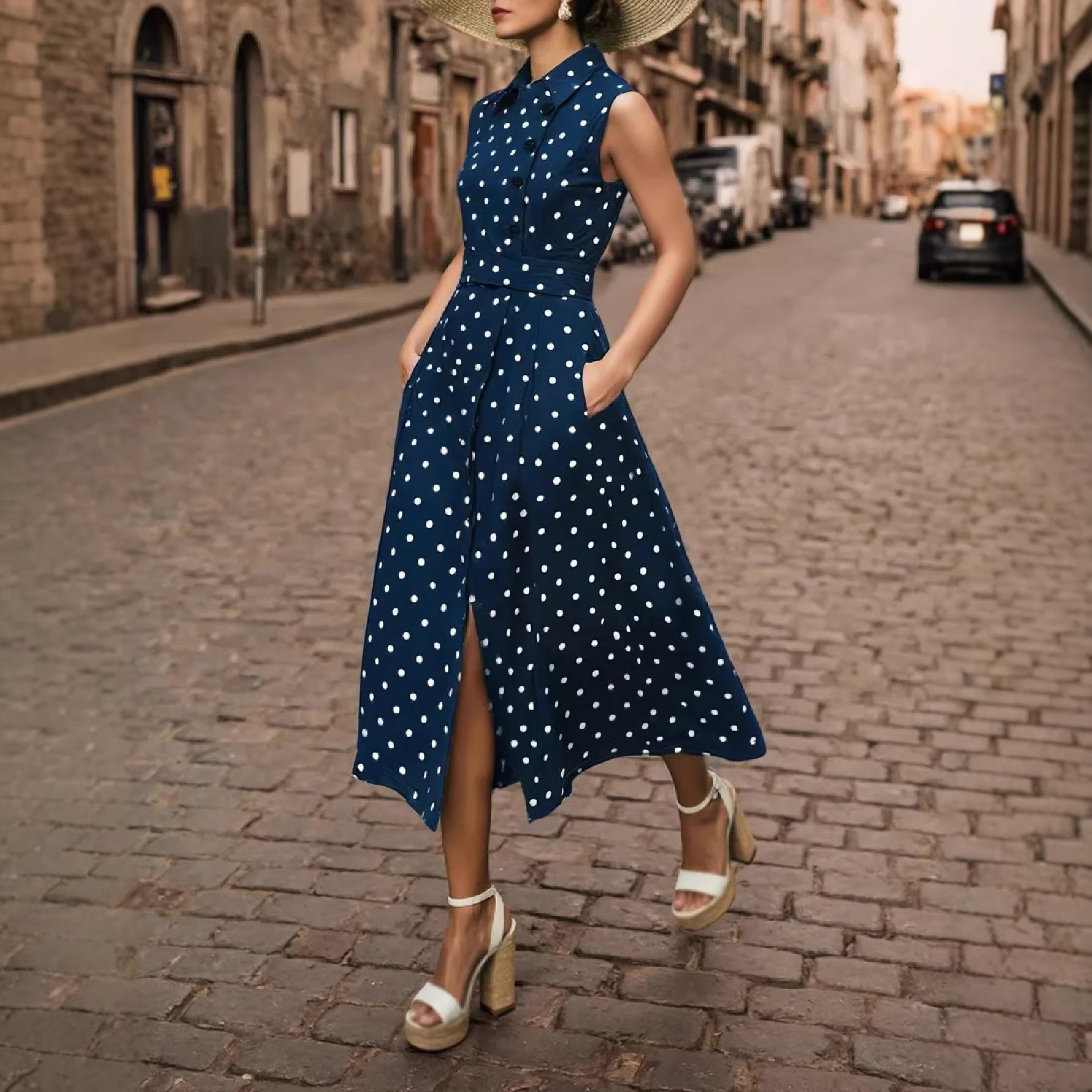 Vestido casual de moda para mujer con estampado de lunares.