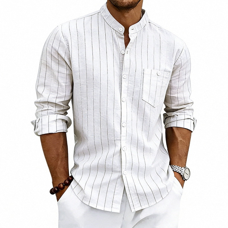 Camisa informal de manga larga con cuello alto y estampado jacquard de lino a rayas, corte holgado.