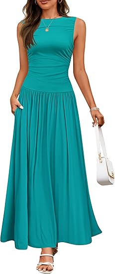 Vestido largo de verano sin mangas para mujer, estilo casual, cuello redondo, plisado, elegante, con bolsillos.