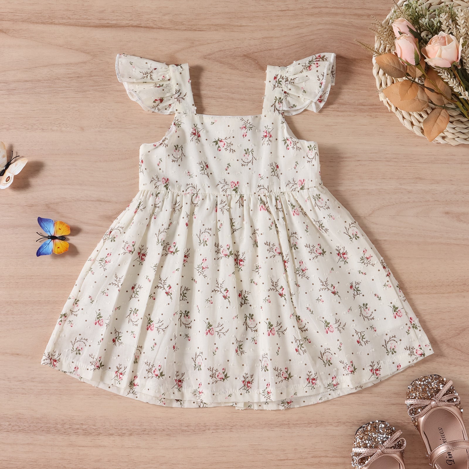 Vestido Lencero Infantil Tricolor con Estampado Floral y Mangas Cortas — Algodón