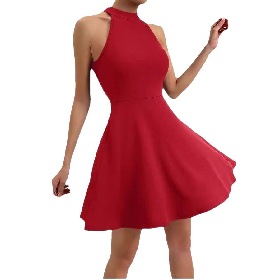 Vestido sin mangas de talle alto y cuello halter de color liso para mujer