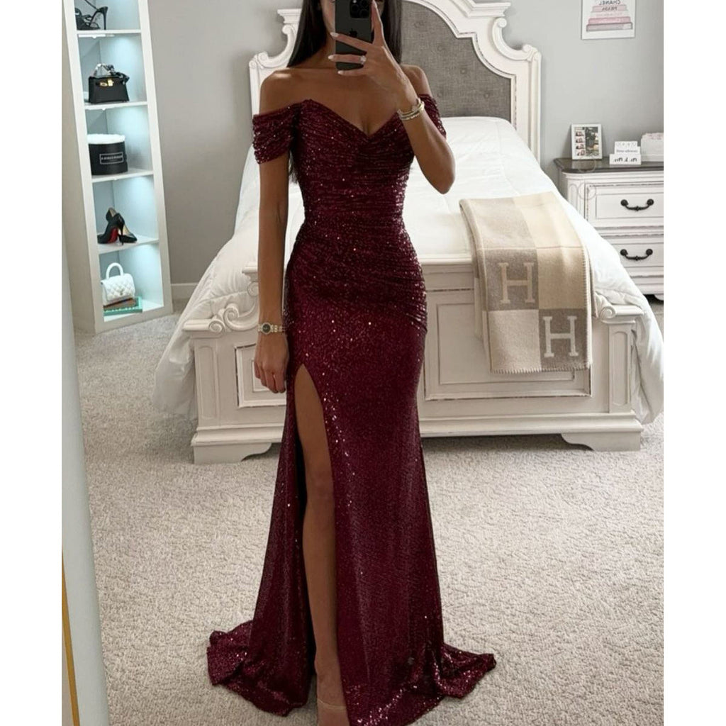 Vestido de Fiesta con Lentejuelas Escote Descubierto Mujer