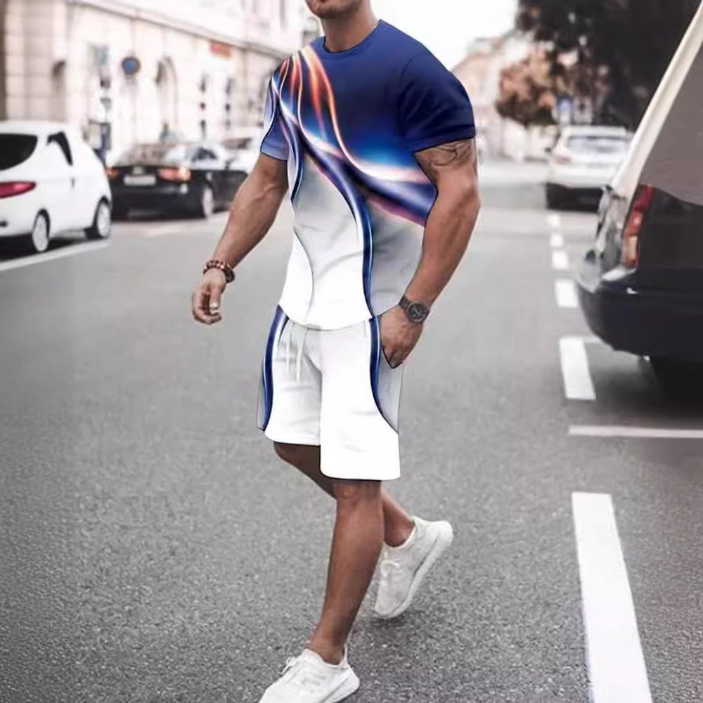 Conjunto deportivo informal de dos piezas para hombre — camiseta y pantalón corto estampados