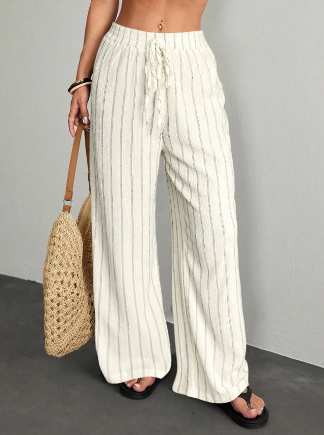 Pantalones anchos de mujer con textura a rayas y cintura elástica