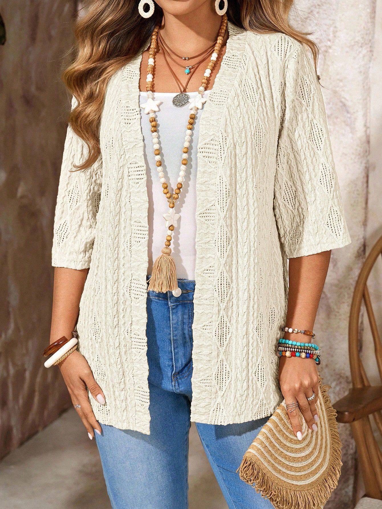 Cárdigan informal de talla grande para mujer con diseño calado y top liso.