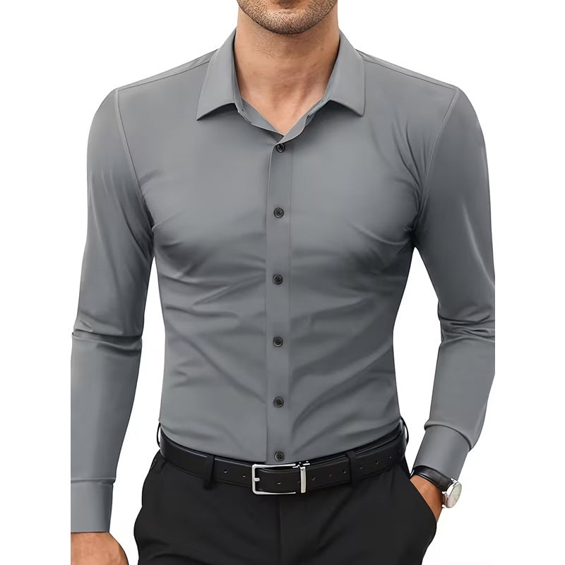 Camisa blanca elástica de manga larga con botones para hombre, tallas grandes.