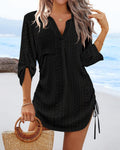 Women's Solid-Color Hollowed-Out Side-Pleated Tie-Detail Dress