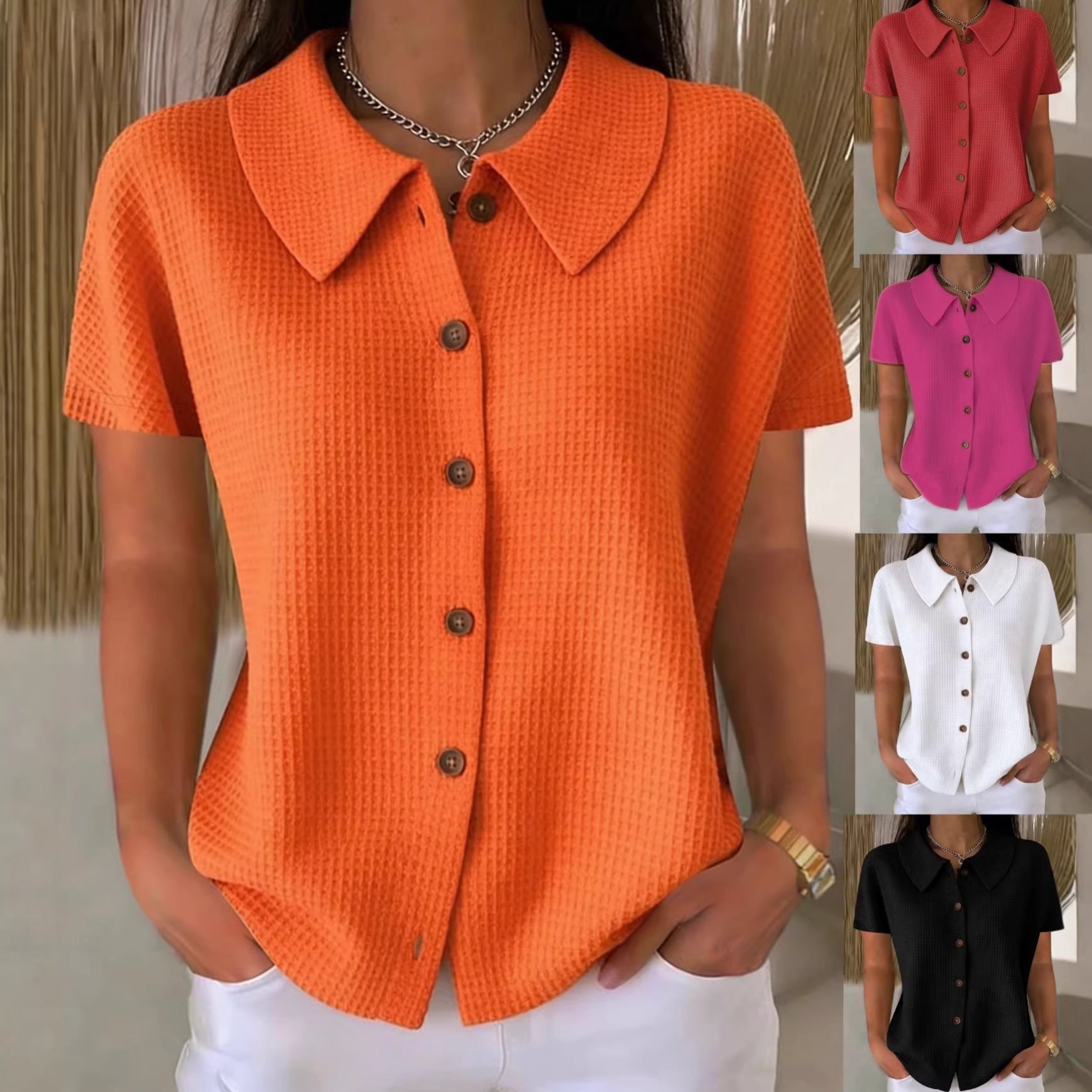 Camisa informal de manga corta, color liso, corte holgado, con cuello vuelto y tejido gofrado.