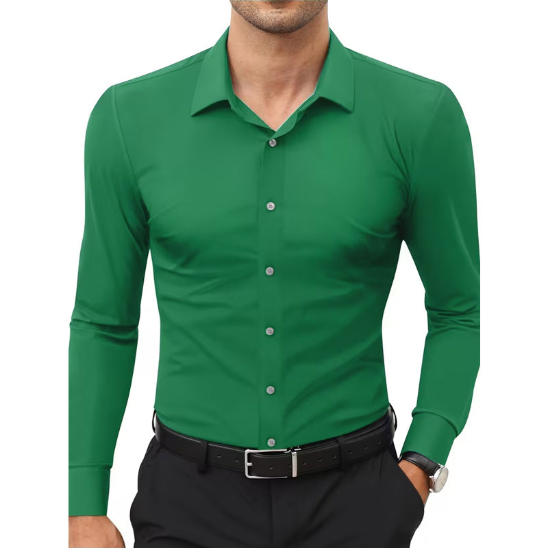 Camisa blanca elástica de manga larga con botones para hombre, tallas grandes.