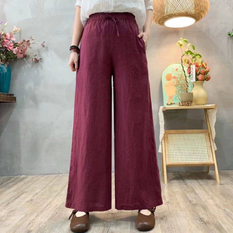 Pantalones holgados de talle alto de algodón y lino para mujer