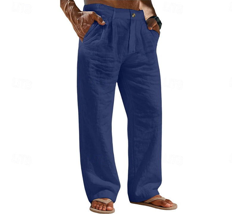 Pantalones de lino cómodos para vacaciones con bolsillos abotonados