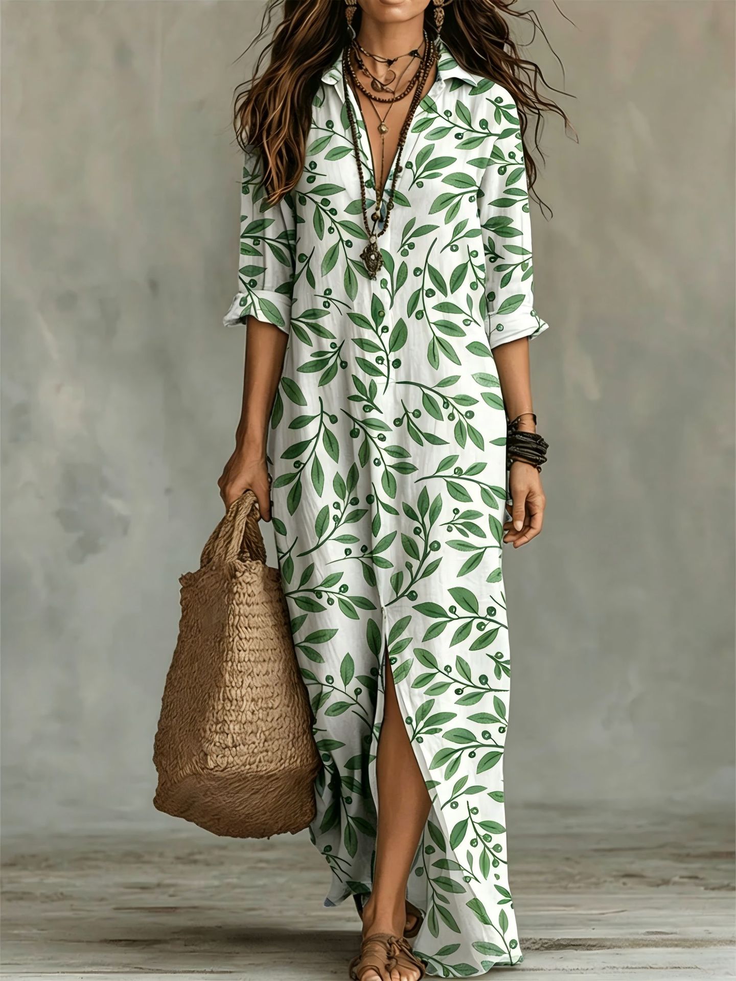 Vestido Camisero Largo con Estampado Digital para Mujer — Poliéster