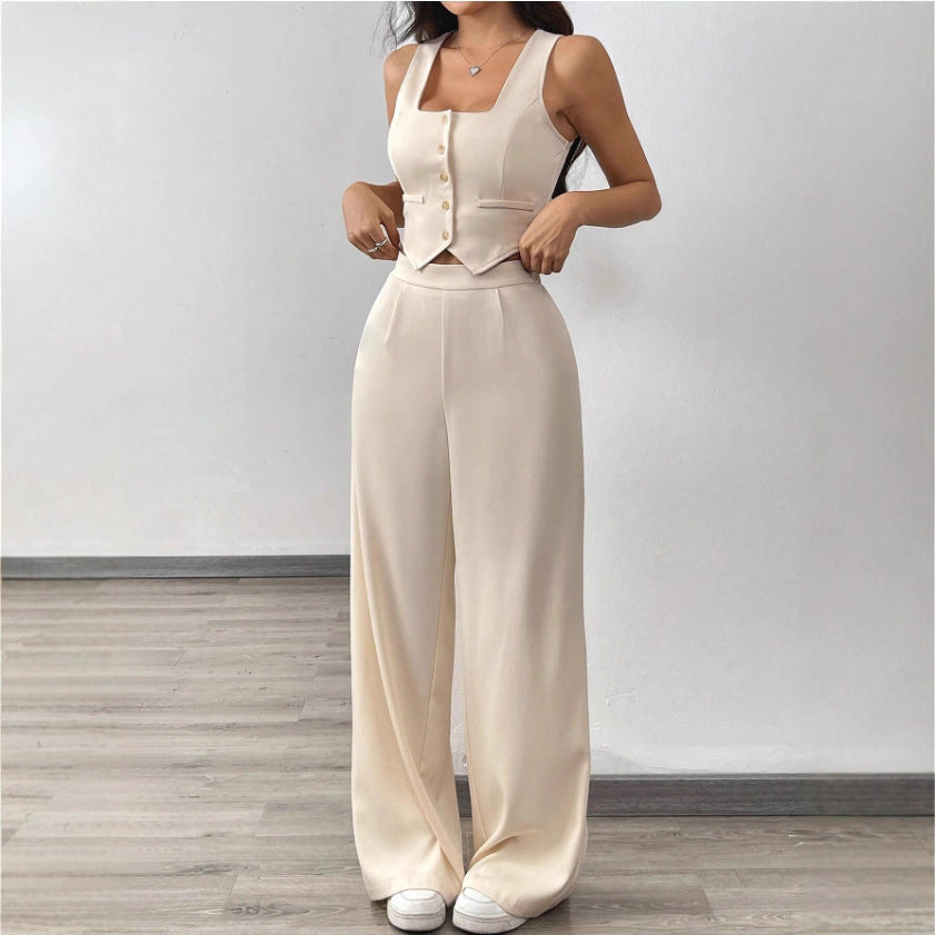 Conjunto Top Ajustado y Pantalón de Pierna Ancha de Talle Alto para Mujer