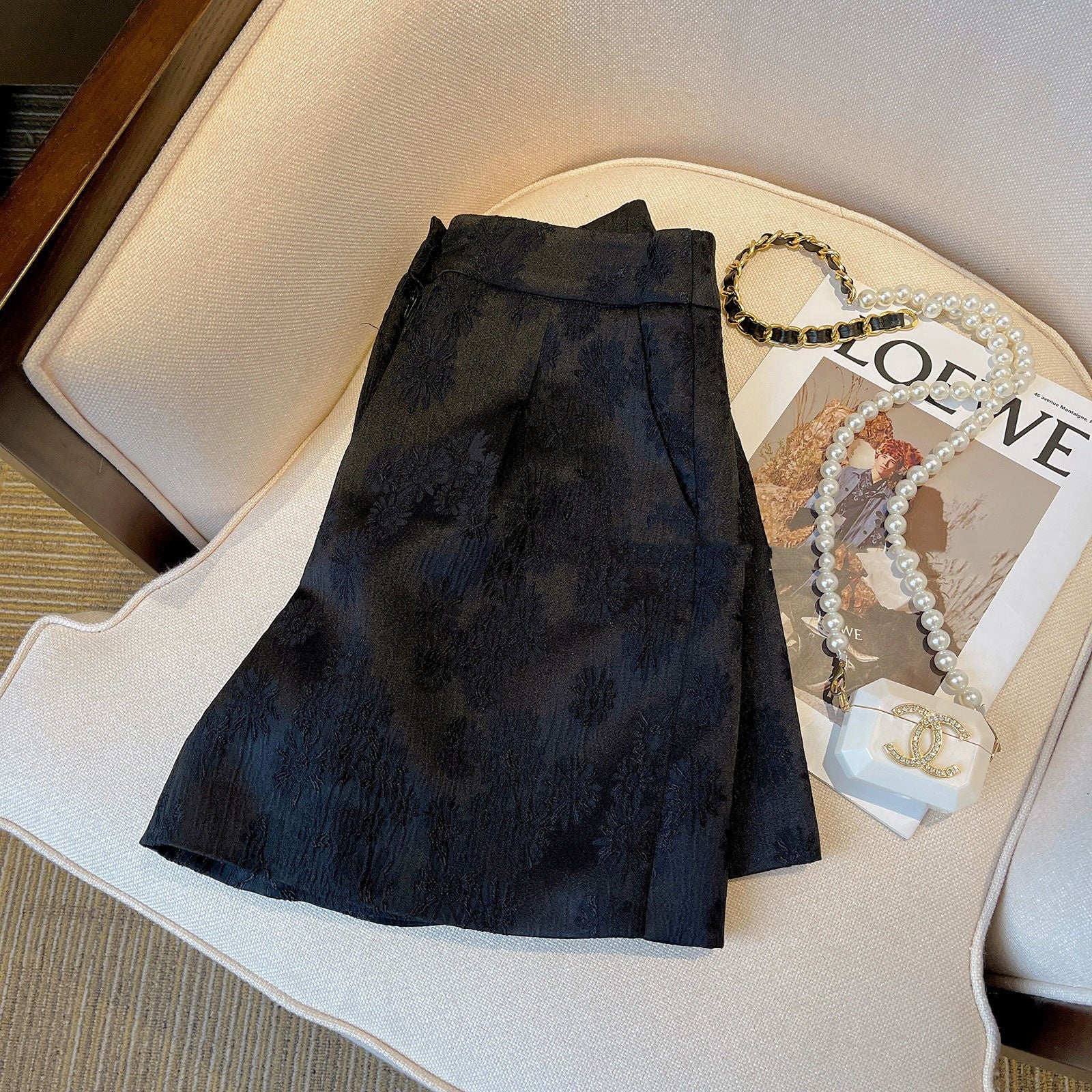Traje corto de jacquard negro estilo Chanel para mujer