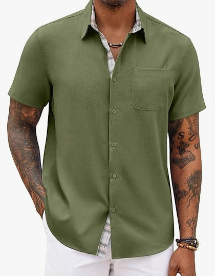 Camisa de Lino Holgada Color Liso para Hombre