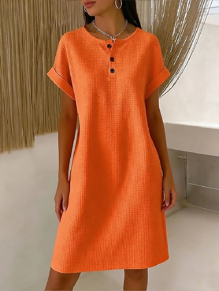 Vestido cómodo de punto gofrado con cuello redondo