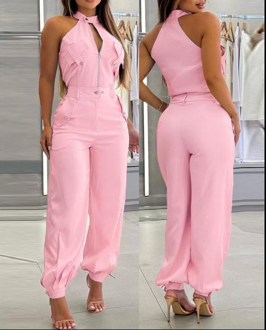 Traje Dos Piezas Top Halter y Pantalón Informal Mujer — Poliéster