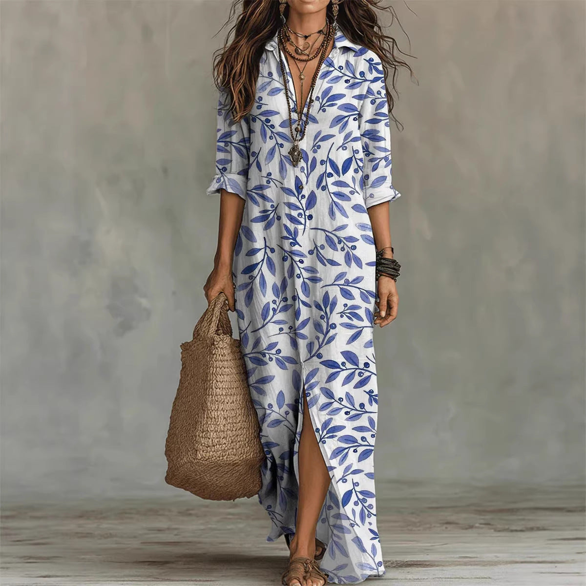 Vestido Camisero Largo con Estampado Digital para Mujer — Poliéster