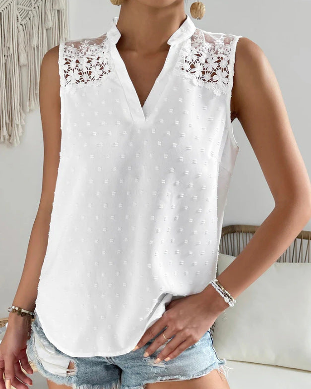 Camiseta Sin Mangas Jacquard Cuello Alto Escote en V Color Liso