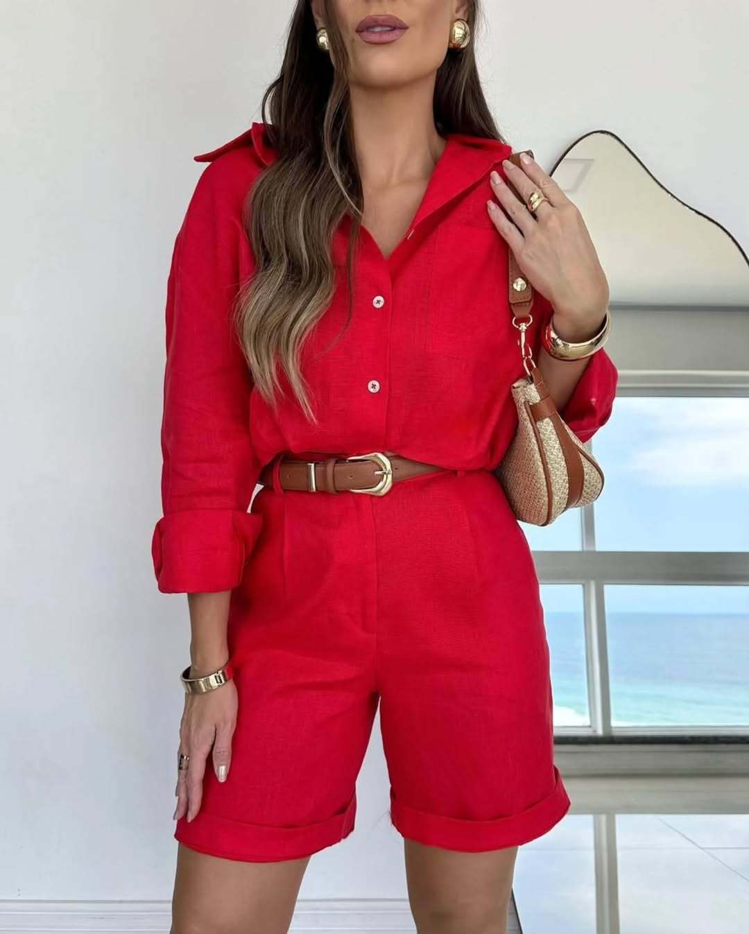 Conjunto informal de camisa de manga larga y pantalones cortos para mujer