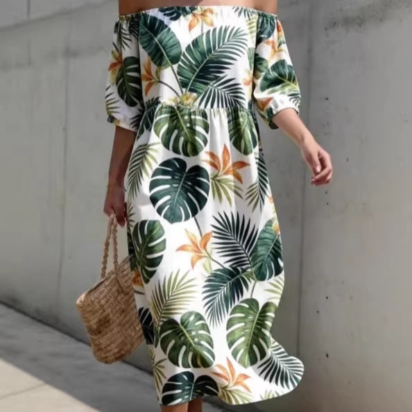 Vestido informal manga corta holgado plisado con hombros descubiertos