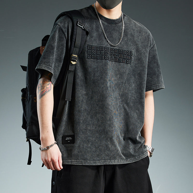 Camiseta de manga corta de tejido grueso, holgada y versátil, de estilo moderno para hombre.
