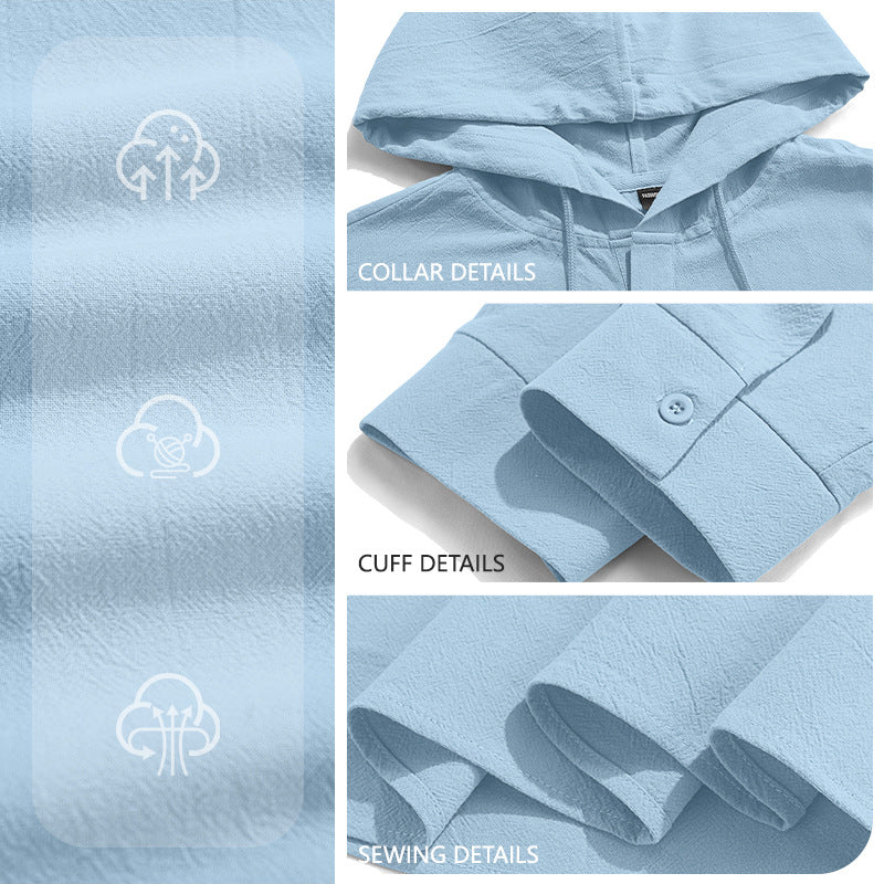 Camisa versátil de algodón y lino de color liso con botones, perfecta tanto para vacaciones como para uso diario.