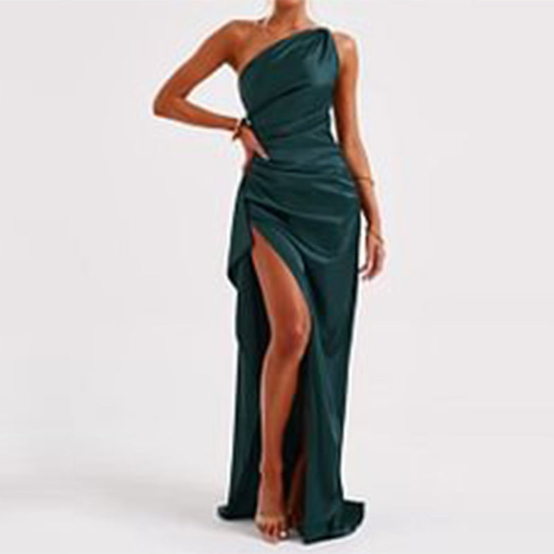 Vestido de un solo hombro, espalda descubierta y abertura, elegante vestido de verano ajustado de satén de color liso para mujer.