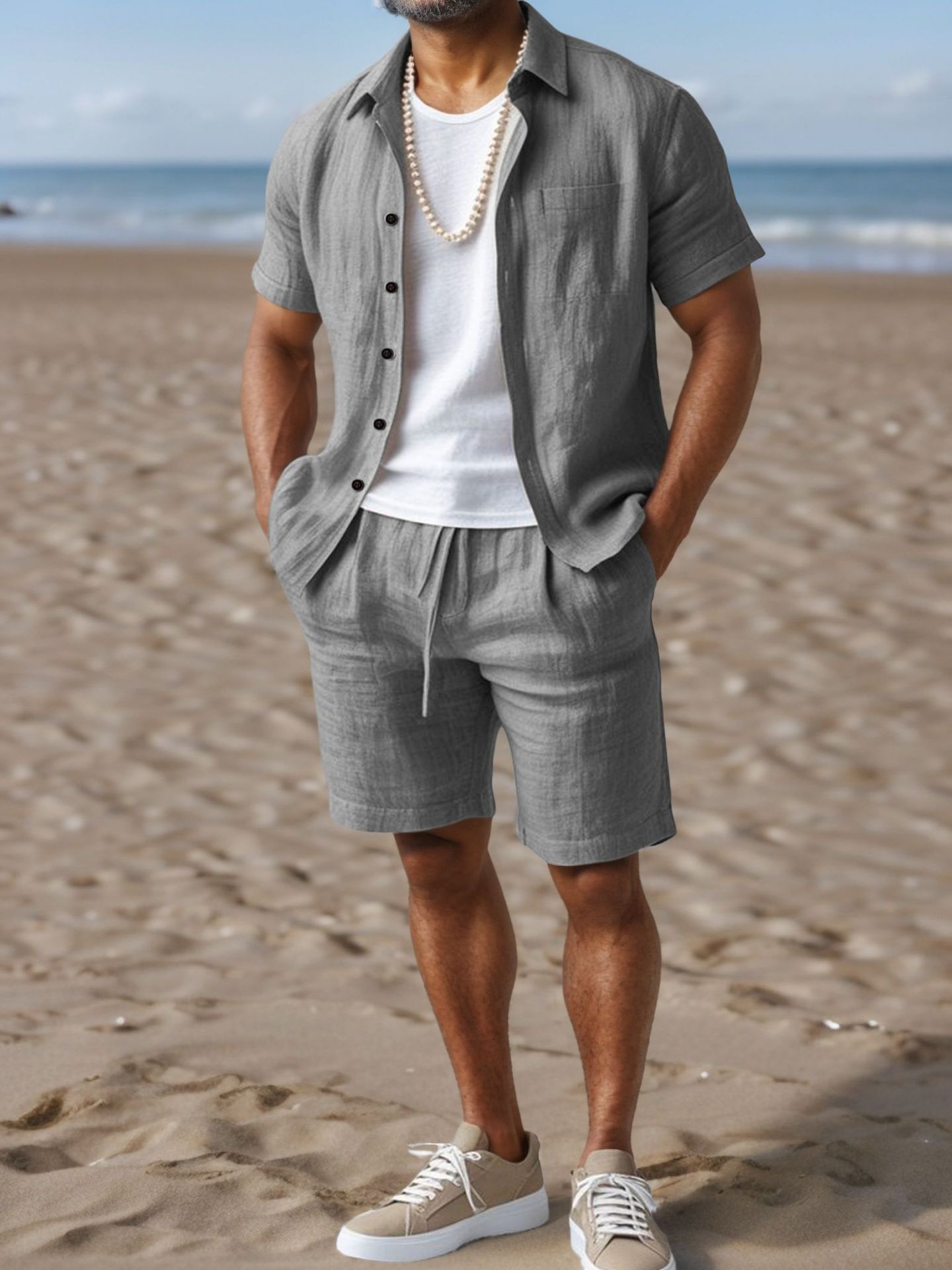 Camisa de Lino Casual Holgada con Cuello Solapa para Hombre