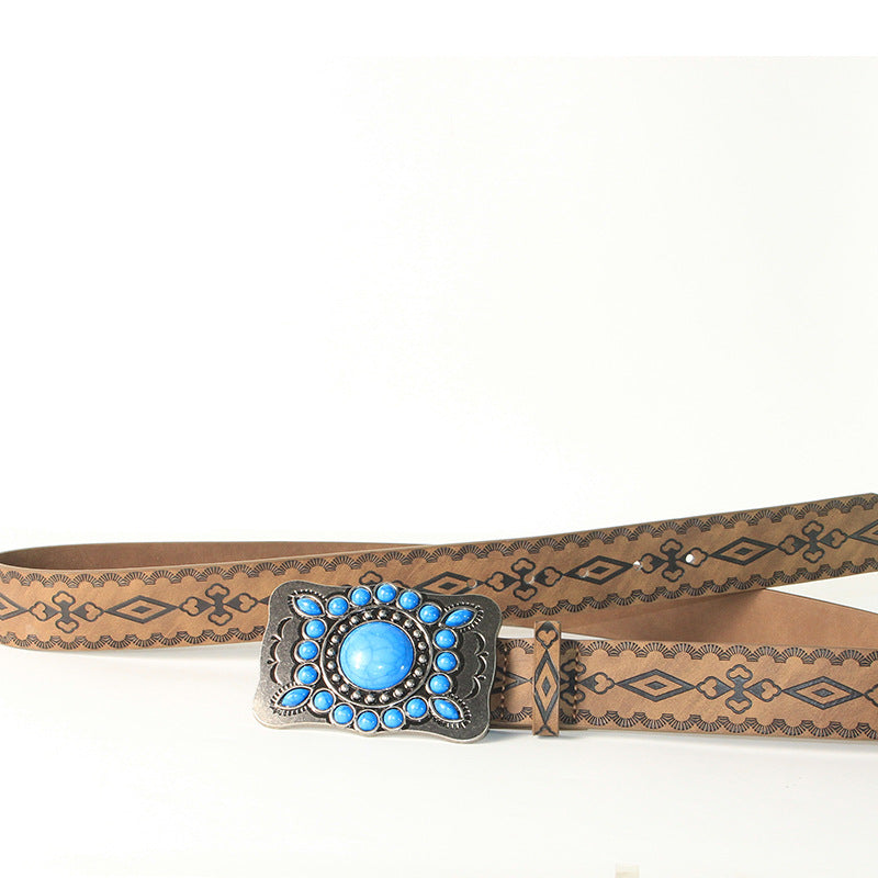 Cinturón con hebilla de aleación de plata antigua y azul turquesa con relieve retro
