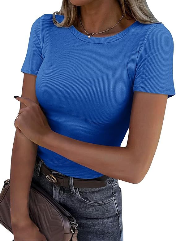 Camiseta de Manga Larga Elástica Cuello Redondo Acanalada para Mujer