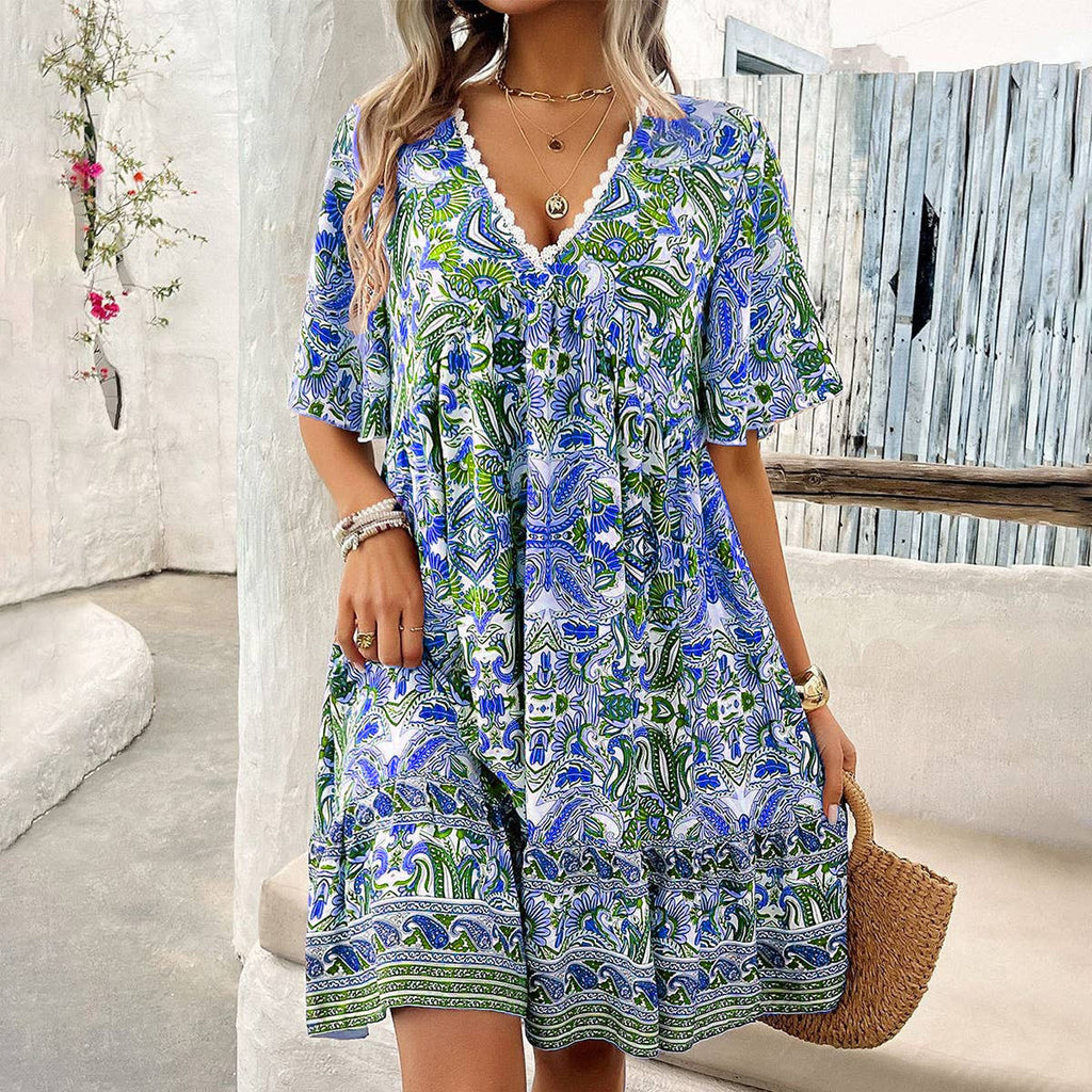 Printed V-neck short-sleeved dress, new spring collection.