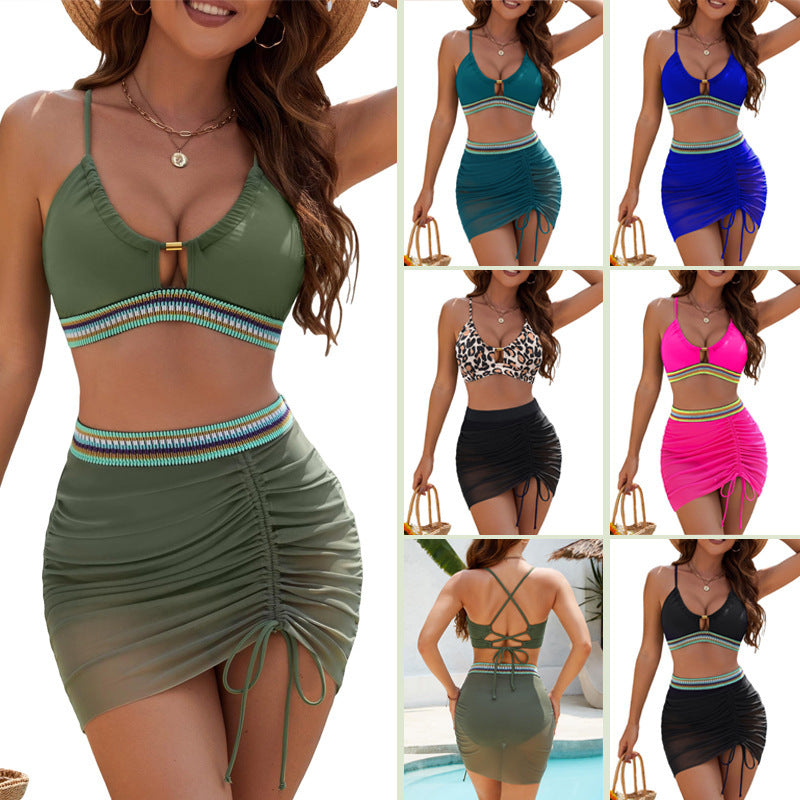 Bikini con Diseño de Malla y Patchwork Color Liso