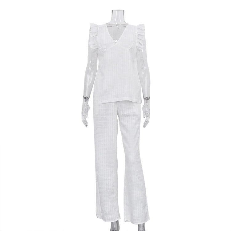 Conjunto Dos Piezas Top Algodón Cuello V Volantes y Pantalón Holgado Mujer