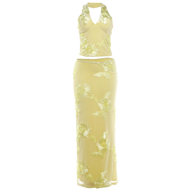 Conjunto de vestido largo sin espalda con cuello halter para mujer