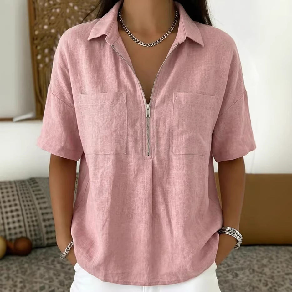 Camisa Informal Manga Corta Cuello V Cremallera Holgada para Mujer