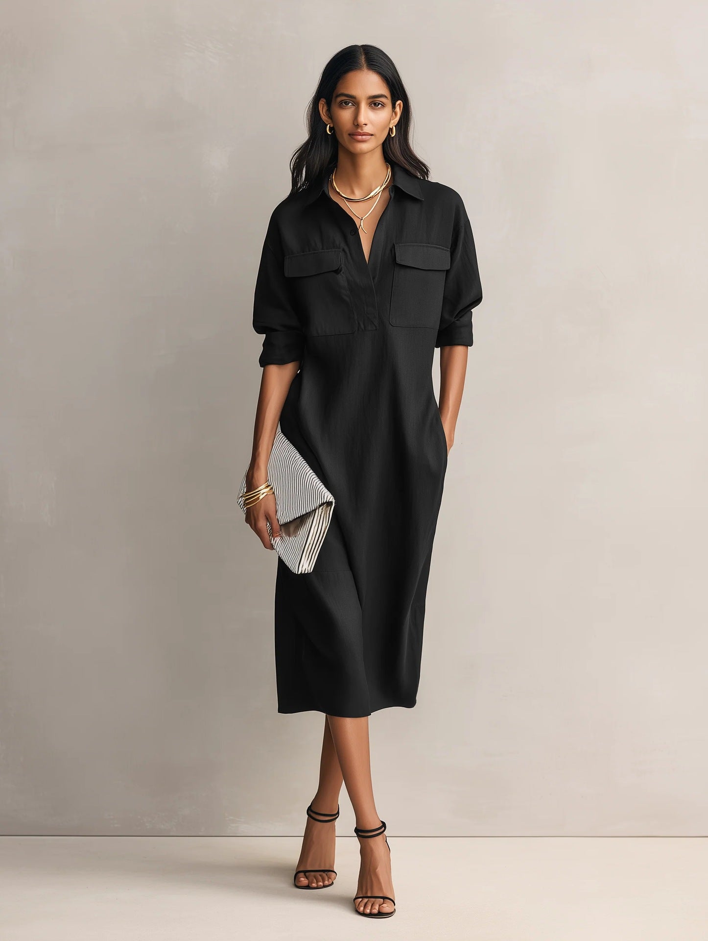 Vestido Camisero Elegante Estilo Francés Mujer