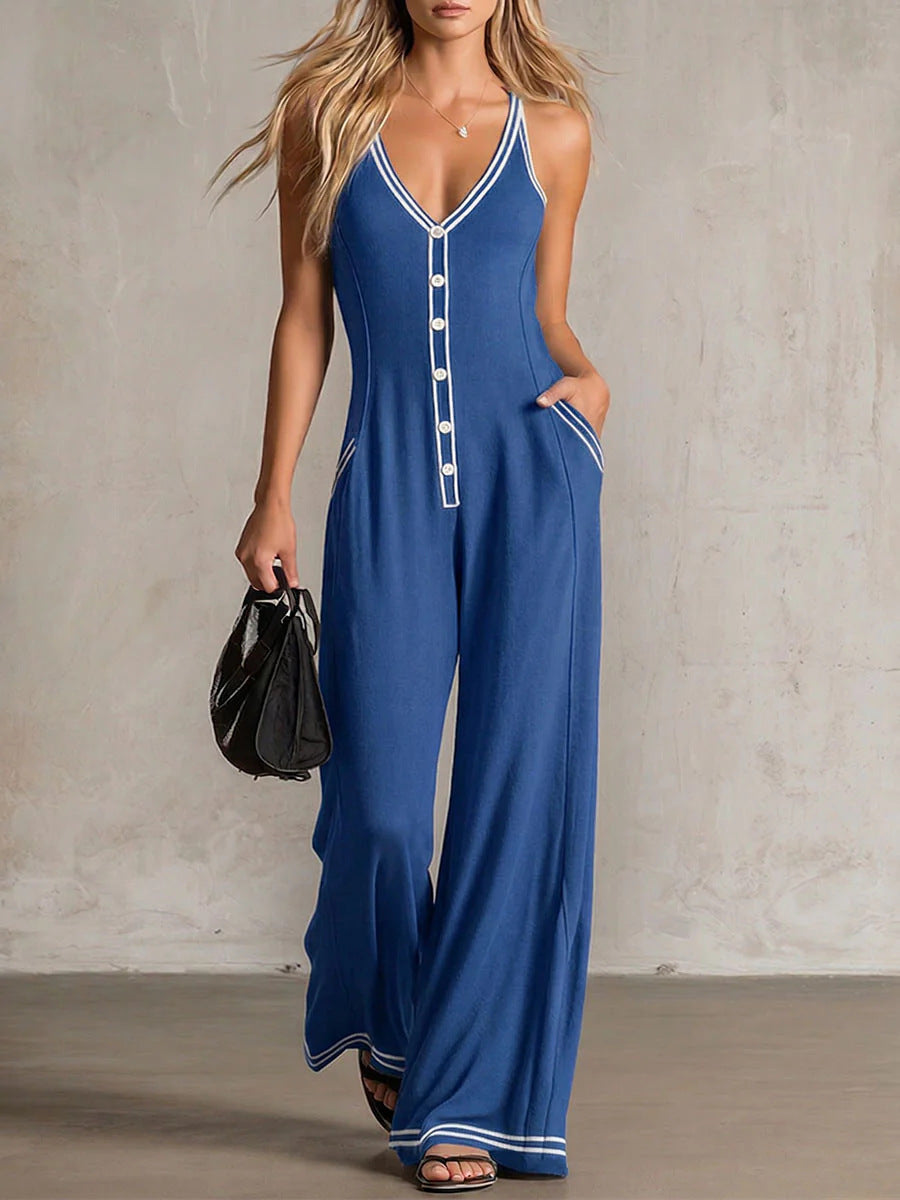 Mono informal de mujer con escote en V, espalda descubierta y perneras anchas.