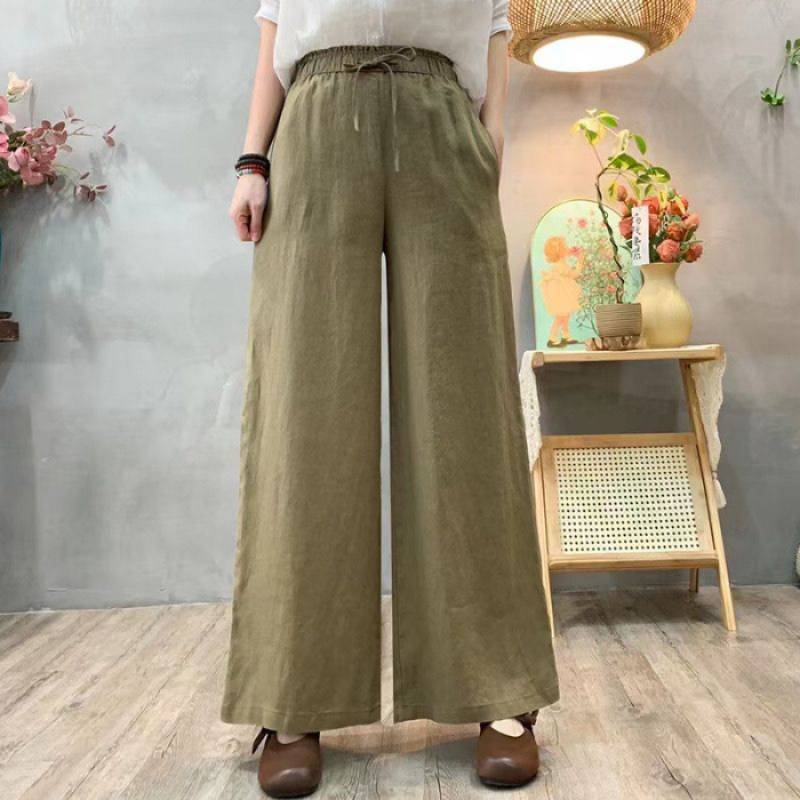 Pantalones holgados de talle alto de algodón y lino para mujer