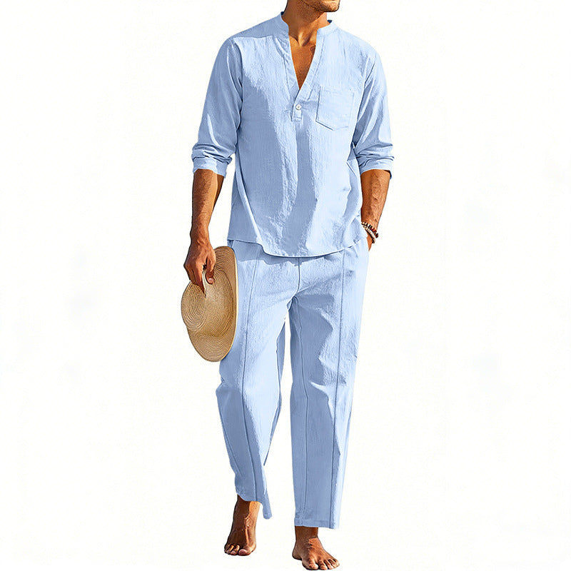 Conjunto informal de pantalón recto y camiseta Henley de manga larga para hombre