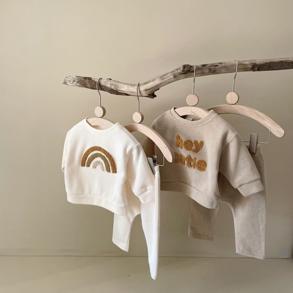 Newborn Baby Long Sleeve Two-Piece Set with Alphabet Embroidery, ideal for spring and autumn.