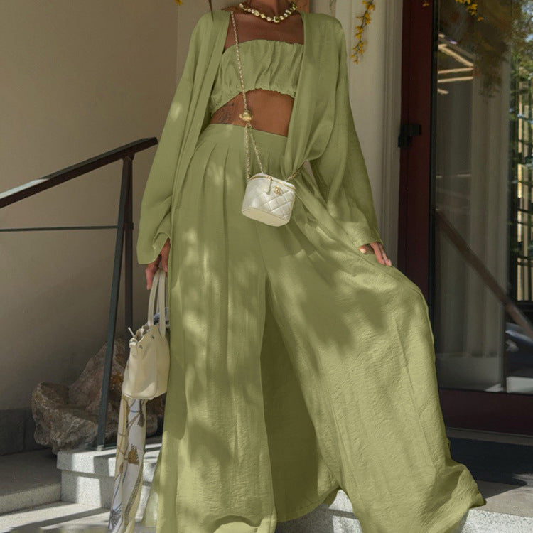 Conjunto Tres Piezas Ropa de Casa Verde Salvia — Top, Kímono y Pantalón Ancho